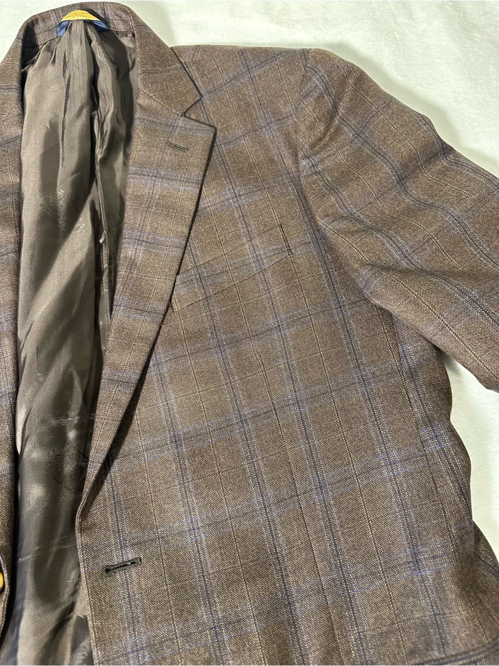 Brooks Brothers Madsio Brown Plaid Men's Blazer with Subtle Blue Windowpane 42R